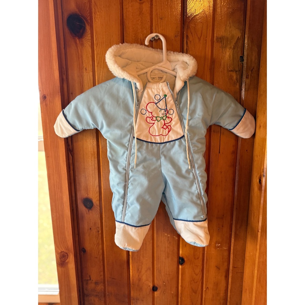 Vintage Sears Newborn Baby Snowsuit Blue Quilted Bunting Teddy Bear Embroidered